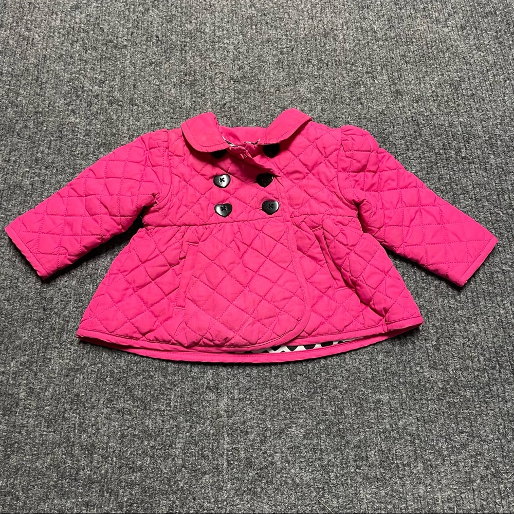 Pink quilted, double breasted baby girl’s coat with heart buttons-12m
